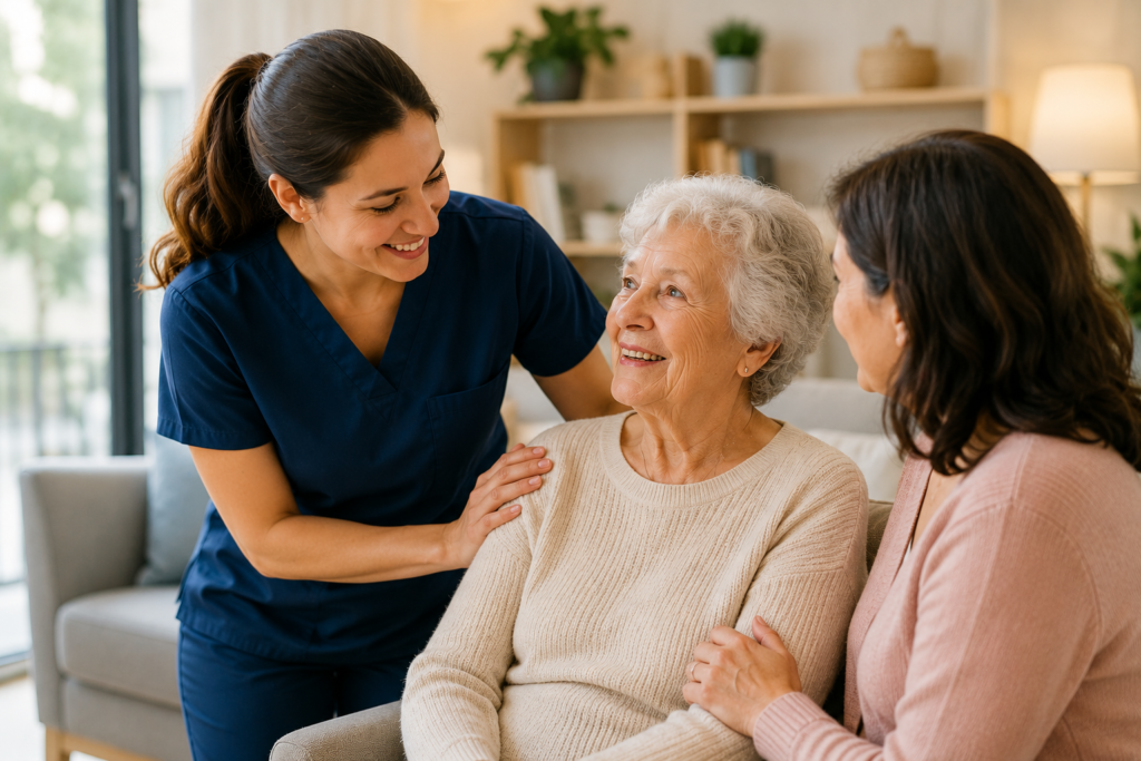 Caregiver supporting an elderly resident in a care facility with family member present