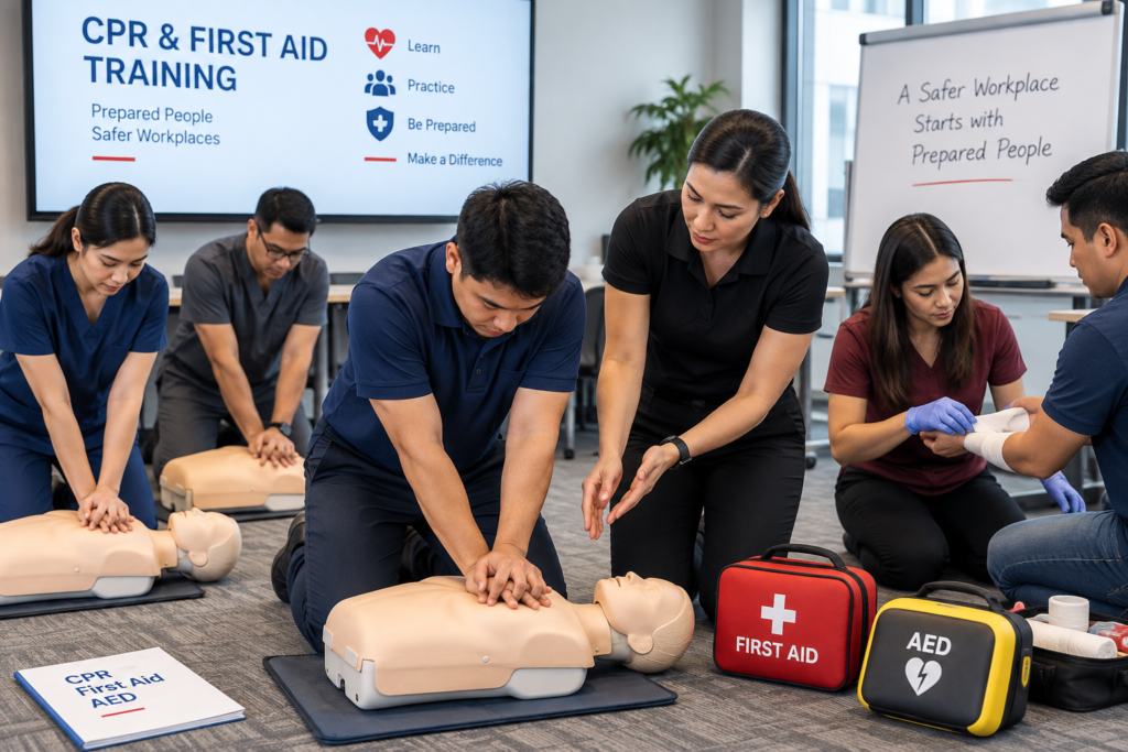 Employees participating in a workplace CPR and First Aid training session